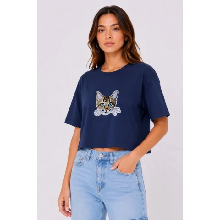 Biçomi Kedi Baskılı Oversize Crop Tişört Salaş Basic Yarım Kol T-shirt - Lacivert