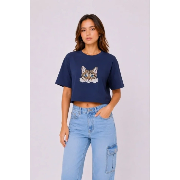 Biçomi Kedi Baskılı Oversize Crop Tişört Salaş Basic Yarım Kol T-shirt - Lacivert