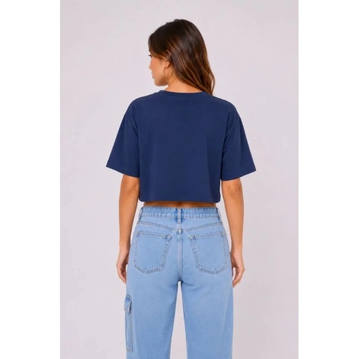 Biçomi Kedi Baskılı Oversize Crop Tişört Salaş Basic Yarım Kol T-shirt - Lacivert