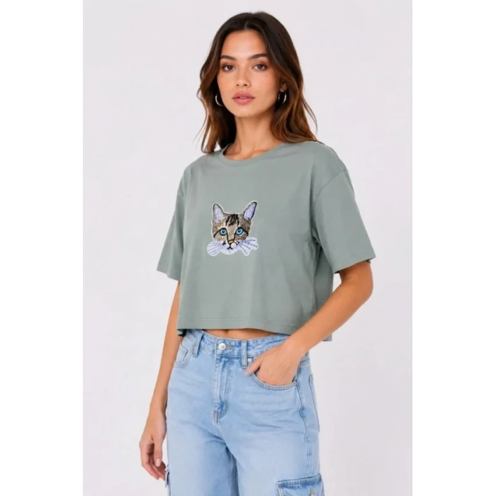 Biçomi Kedi Baskılı Oversize Crop Tişört Salaş Basic Yarım Kol T-shirt - Mint Yeşili