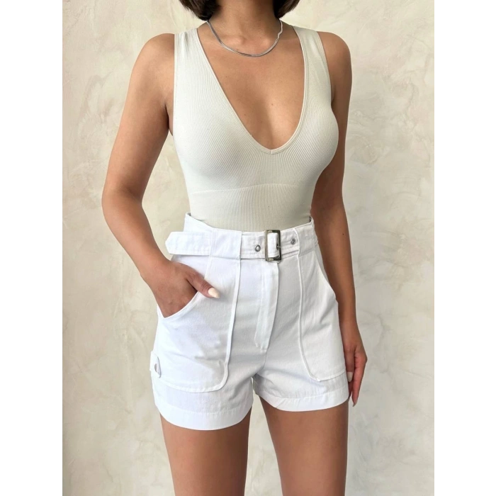 BİÇOMİ Kemer detaylı gabardin şort beyaz s25289