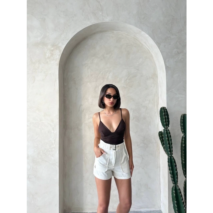 BİÇOMİ Kemer detaylı gabardin şort krem s25289