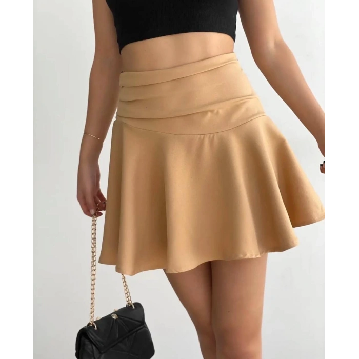 BİÇOMİ Kemerden büzgülü etek camel