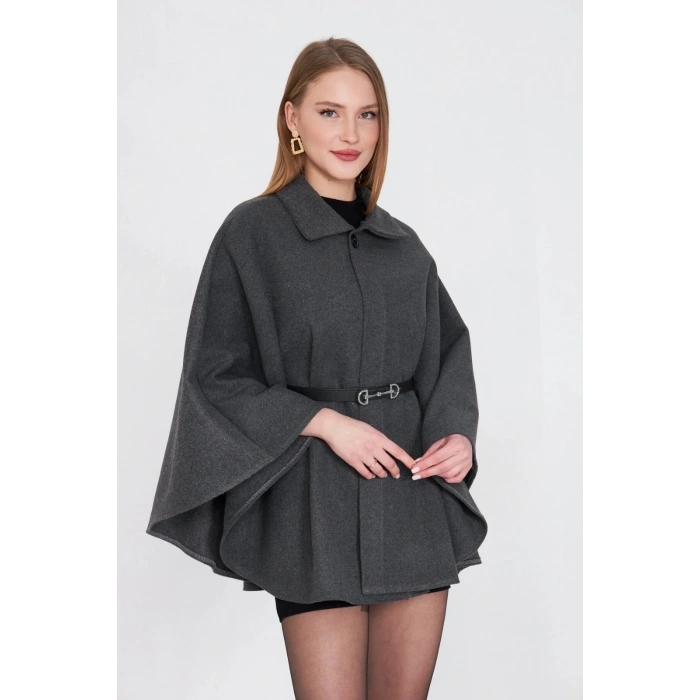 BİÇOMİ Kemerli kaşe panço antrasit pt