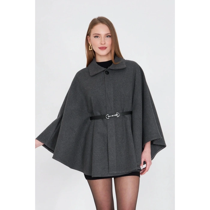 BİÇOMİ Kemerli kaşe panço antrasit pt