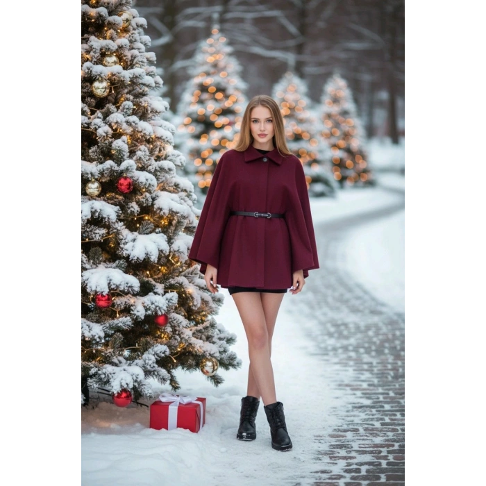 BİÇOMİ Kemerli kaşe panço bordo pt