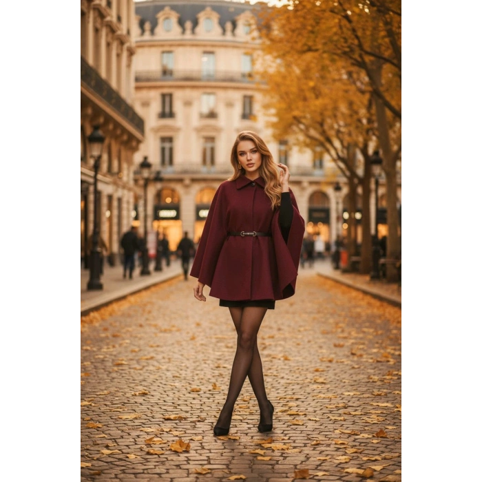 BİÇOMİ Kemerli kaşe panço bordo pt