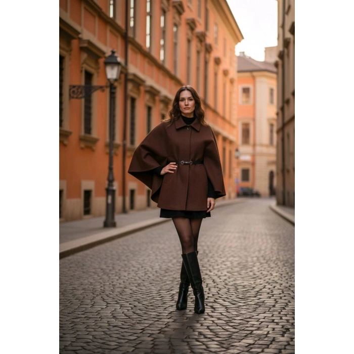 BİÇOMİ Kemerli kaşe panço kahve pt