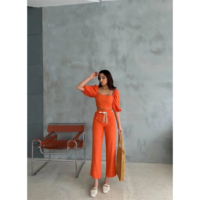 Biçomi KETEN CROP KARPUZ KOL BLUZ-PANTOLON HASIR KEMERLİ - Orange