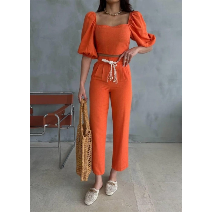 Biçomi KETEN CROP KARPUZ KOL BLUZ-PANTOLON HASIR KEMERLİ - Orange
