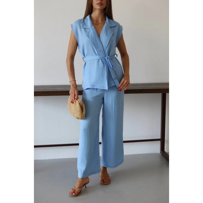 BİÇOMİ Keten yelek pantolon takım mavi pt