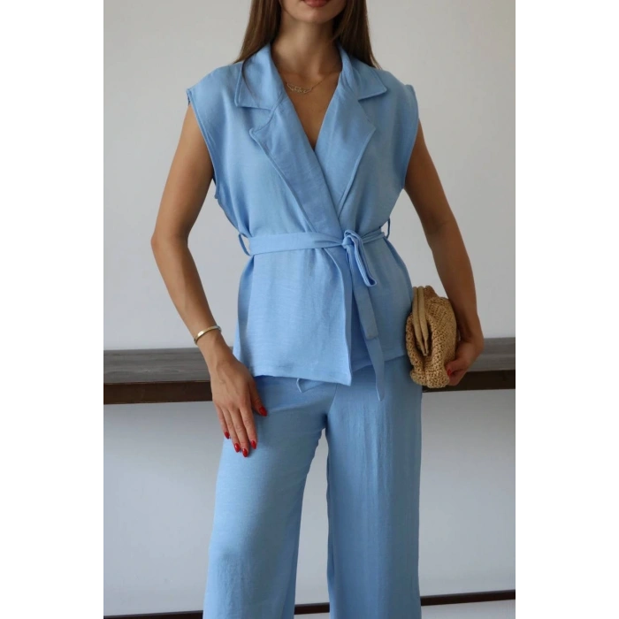 BİÇOMİ Keten yelek pantolon takım mavi pt