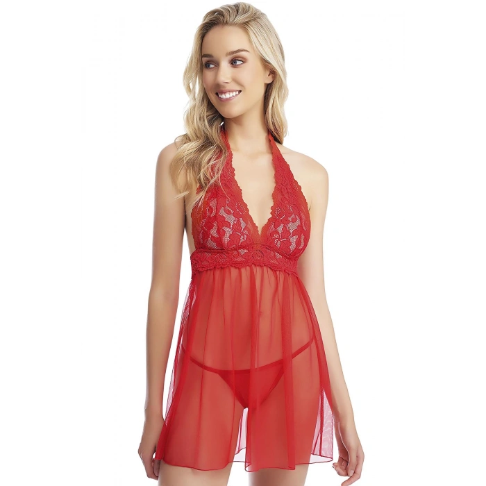 Bicomi Kırmızı Boyundan Bağlamalı Dantel İşlemeli Fantezi Tül Gecelik