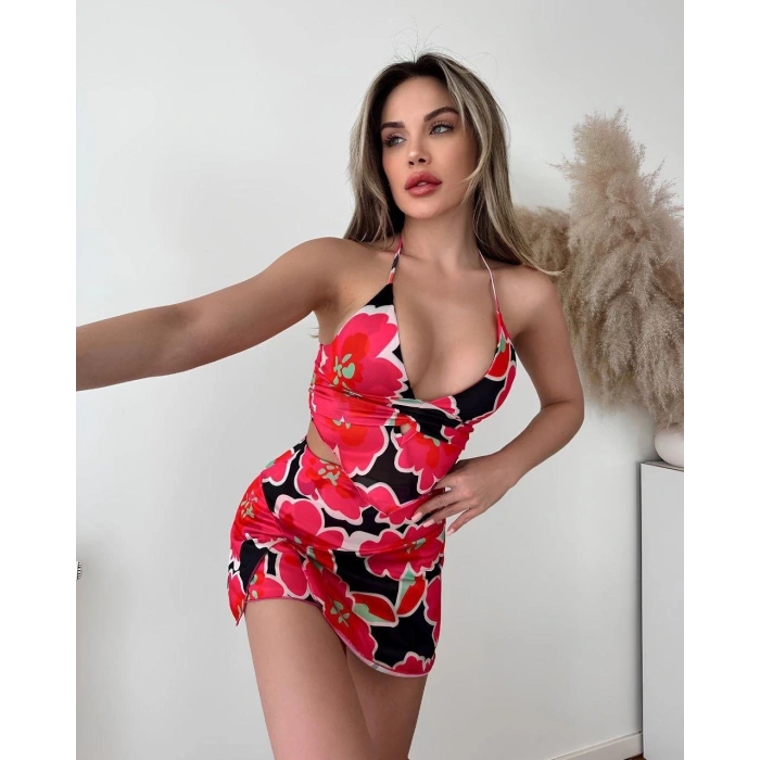 BİÇOMİ Kırmızı desenli alt üst takım