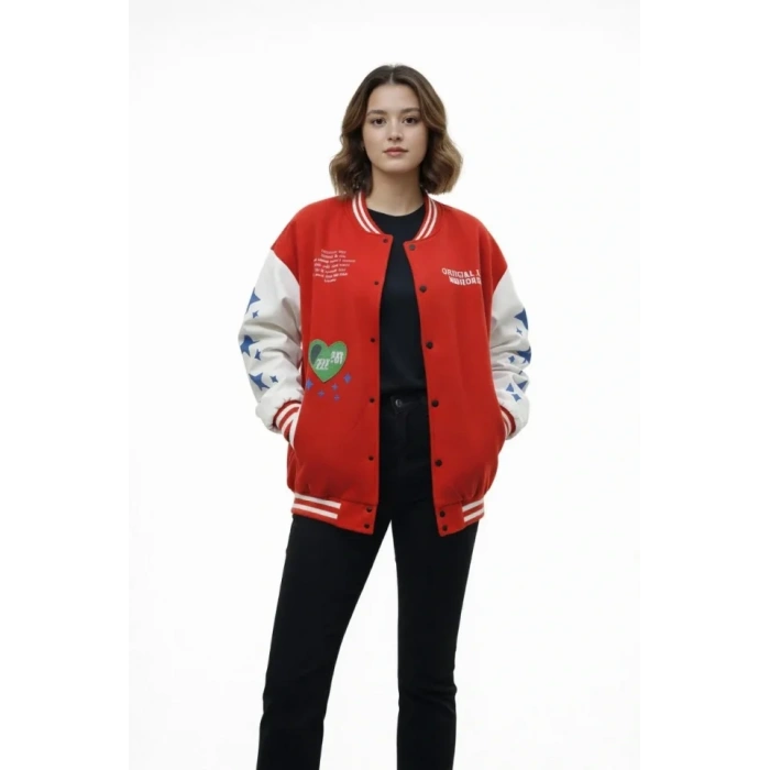 Biçomi Kırmızı Varsity Çıtçıtlı Baskılı Oversize Kalıp Kolej Ceket - Kırmızı