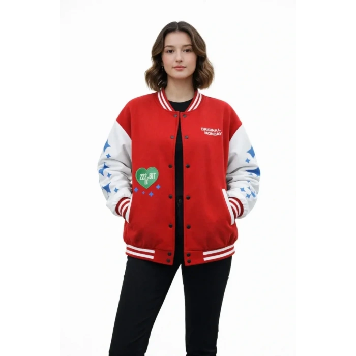 Biçomi Kırmızı Varsity Çıtçıtlı Baskılı Oversize Kalıp Kolej Ceket - Kırmızı