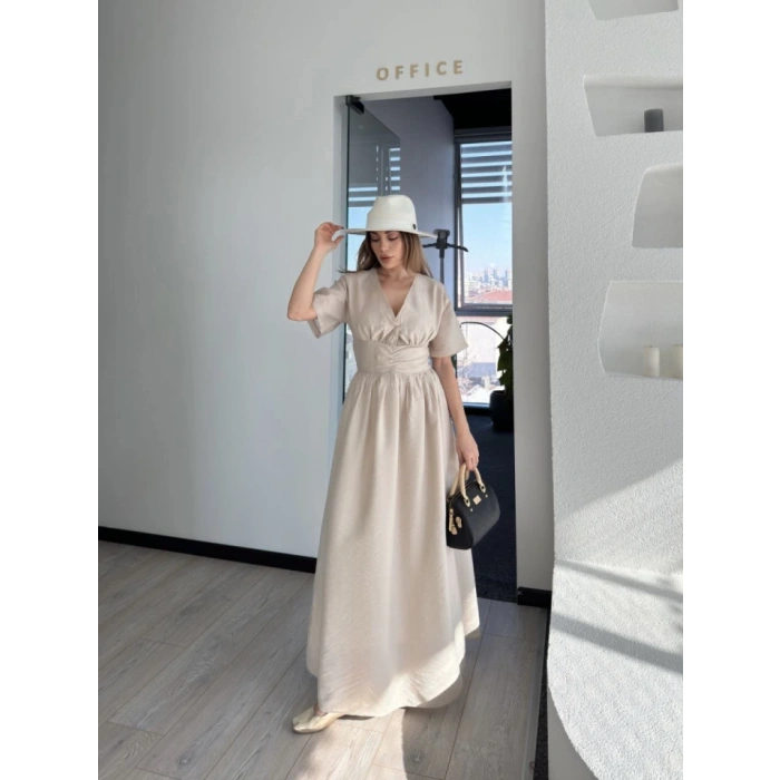 Biçomi Kısa Kollu Uzun Elbise - Kırık Beyaz