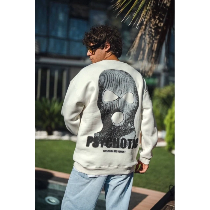 Biçomi Kışlık Bisiklet Yaka Baskılı SweatShirt - Beyaz