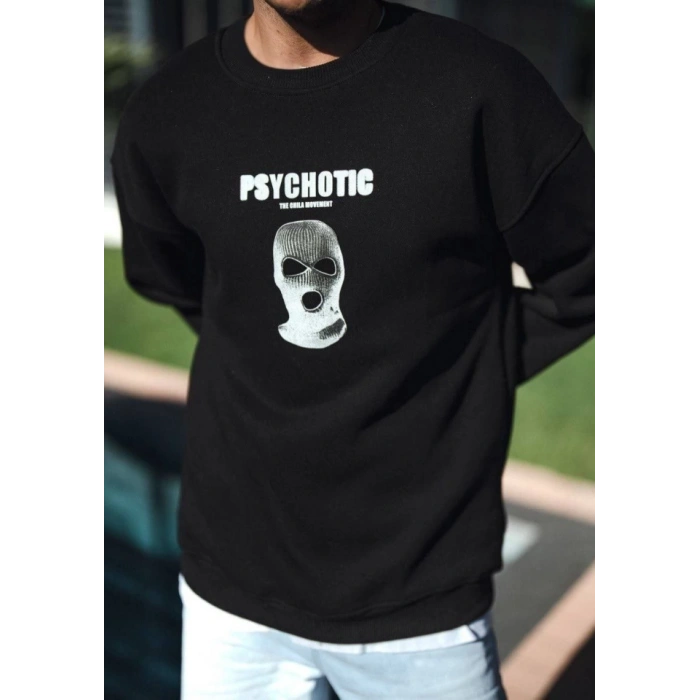 Biçomi Kışlık Bisiklet Yaka Baskılı SweatShirt - Siyah