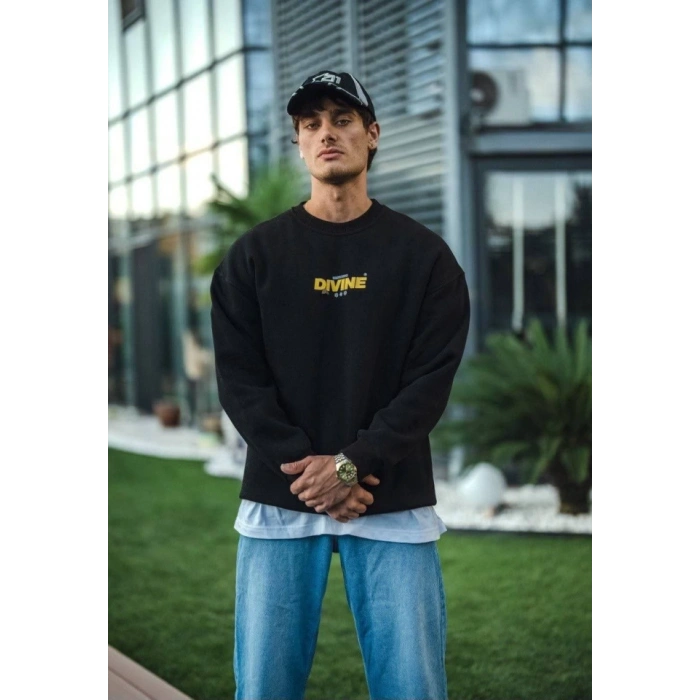 Biçomi Kışlık Bisiklet Yaka Baskılı SweatShirt - Siyah