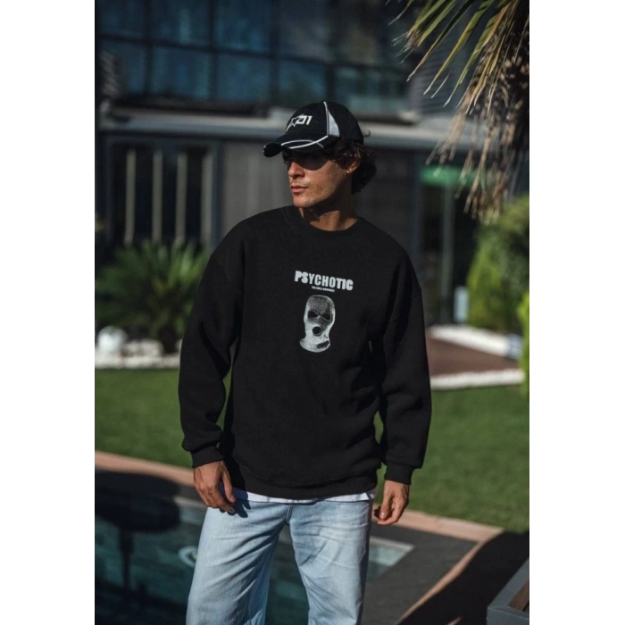 Biçomi Kışlık Bisiklet Yaka Baskılı SweatShirt - Siyah