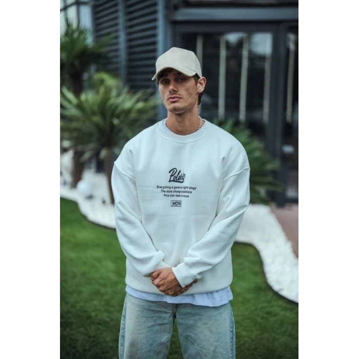 Biçomi Kışlık Bisiklet Yaka Ön Ve Arka Baskılı SweatShirt - Beyaz
