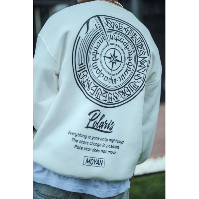 Biçomi Kışlık Bisiklet Yaka Ön Ve Arka Baskılı SweatShirt - Beyaz