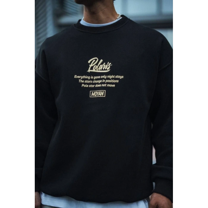 Biçomi Kışlık Bisiklet Yaka Ön Ve Arka Baskılı SweatShirt - Siyah