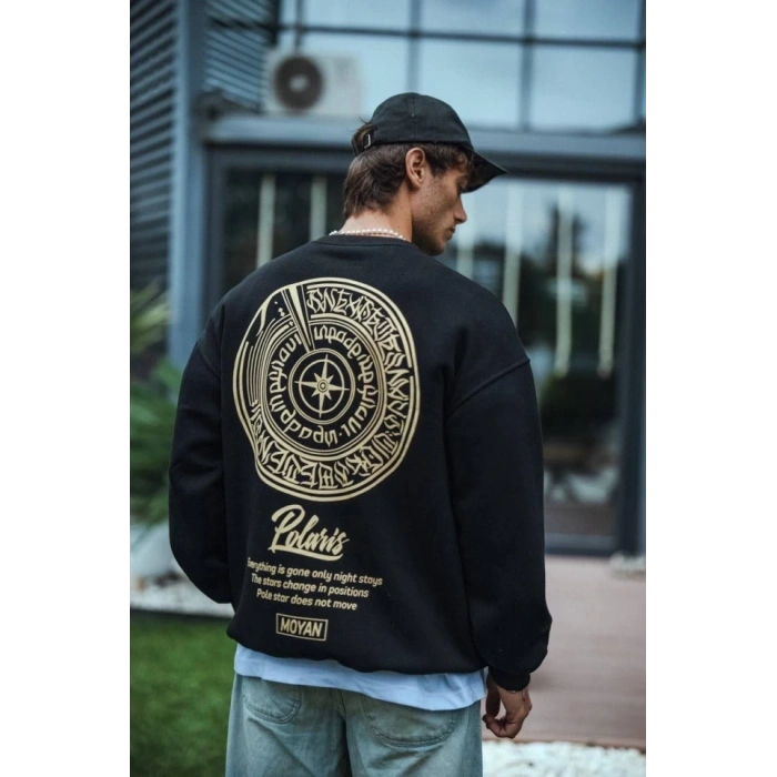 Biçomi Kışlık Bisiklet Yaka Ön Ve Arka Baskılı SweatShirt - Siyah
