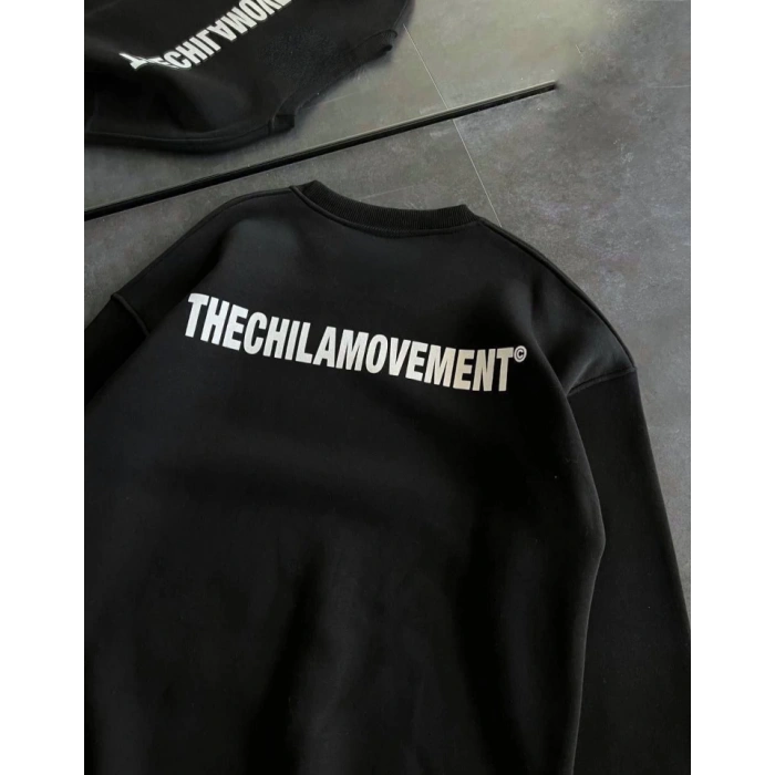 Biçomi Kışlık Bisiklet Yaka Oversize Baskılı SweatShirt - Siyah