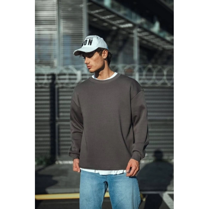 Biçomi Kışlık Bisiklet Yaka Üç İplik Basic SweatShirt - Antrasit