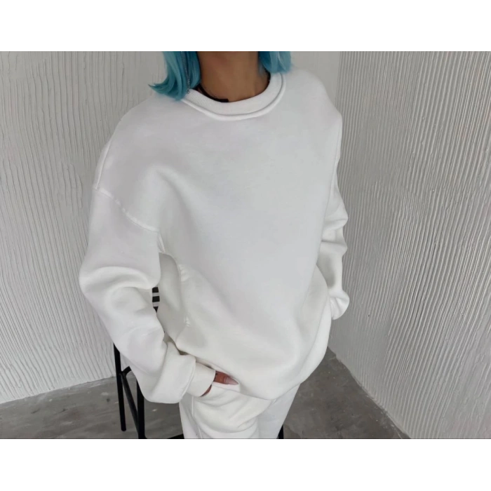 Biçomi Kışlık Bisiklet Yaka Üç İplik Basic SweatShirt - Beyaz