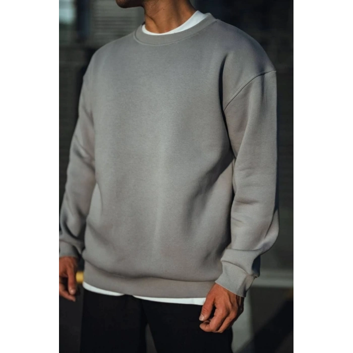 Biçomi Kışlık Bisiklet Yaka Üç İplik Basic SweatShirt - Boyalı Gri