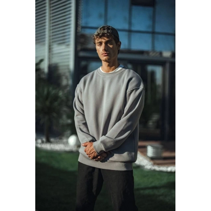 Biçomi Kışlık Bisiklet Yaka Üç İplik Basic SweatShirt - Boyalı Gri