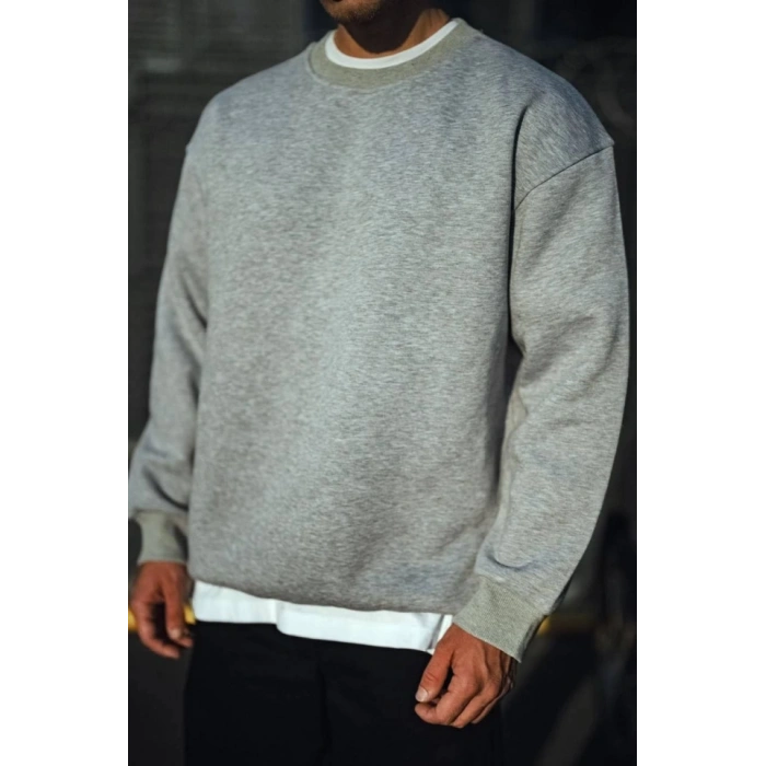 Biçomi Kışlık Bisiklet Yaka Üç İplik Basic SweatShirt - Gri