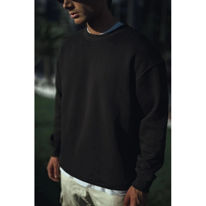 Biçomi Kışlık Bisiklet Yaka Üç İplik Basic SweatShirt - Siyah