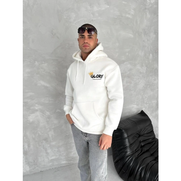 Biçomi Kışlık Üç İplik Kapşonlu SweatShirt - Beyaz