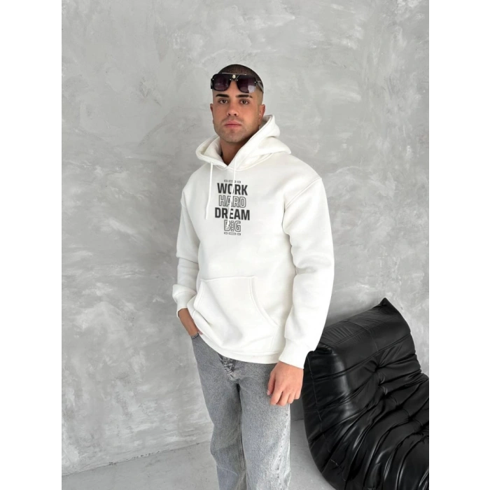 Biçomi Kışlık Üç İplik Kapşonlu SweatShirt - Beyaz