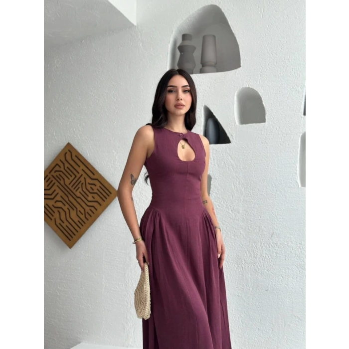 Biçomi Kolsuz Uzun Kabardin Elbise - Bordo
