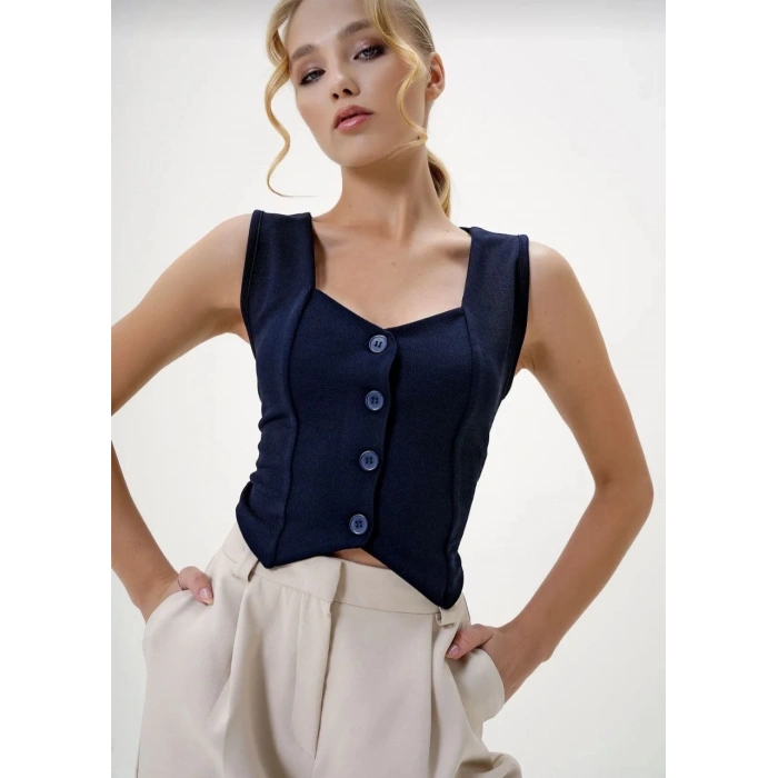 BİÇOMİ Krep kumaş düğmeli yelek lacivert s3395