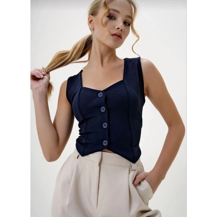 BİÇOMİ Krep kumaş düğmeli yelek lacivert s3395