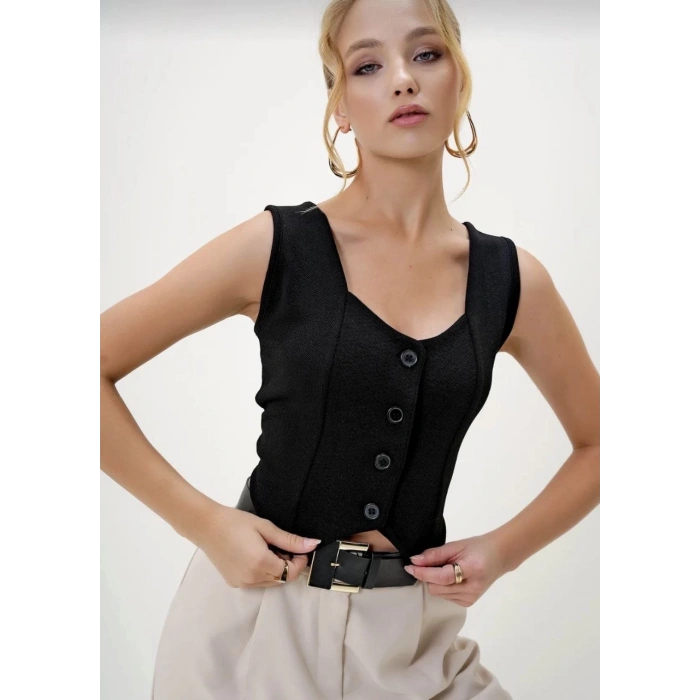 BİÇOMİ Krep kumaş düğmeli yelek siyah s3395