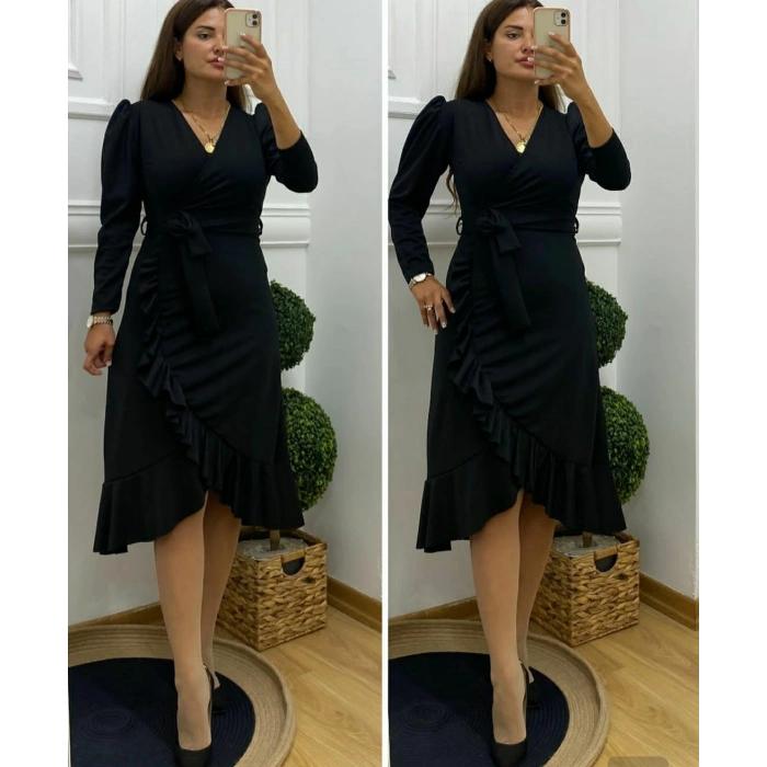 Biçomi Krep Kumaş Midi Boy Kuşaklı Uzunkol Elbise 113 Cm