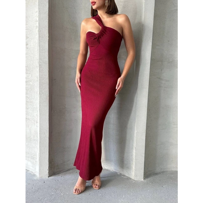 BİÇOMİ Krinkıl tek omuz uzun elbise bordo s25455