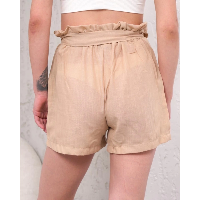 BİÇOMİ Kuşaklı keten şort bej s255265