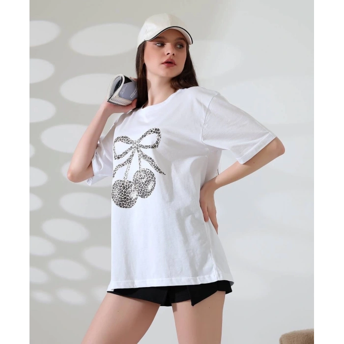 BİÇOMİ Leopar desenli kiraz baskılı tişört