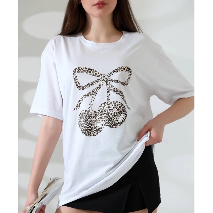 BİÇOMİ Leopar desenli kiraz baskılı tişört