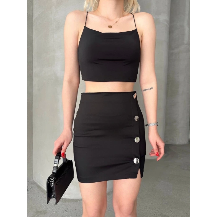 BİÇOMİ Likralı gabardin dört düğmeli etek