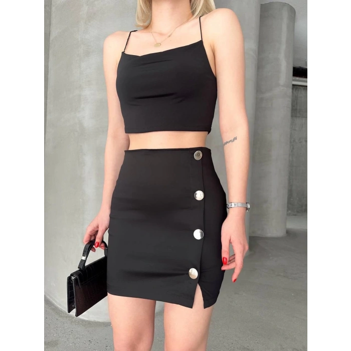 BİÇOMİ Likralı gabardin dört düğmeli etek