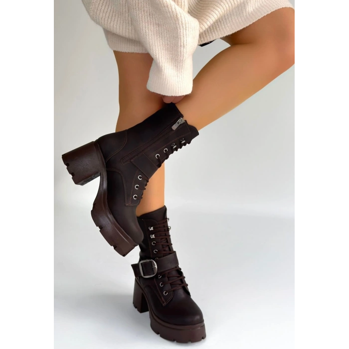 BİÇOMİ Linma Acı Kahve Cilt Bağcıklı Topuklu Bot